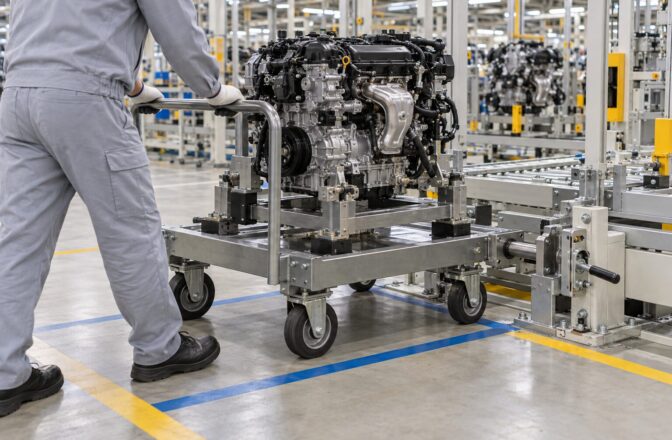 エンジンパレット台車を新規製作し、誰でも簡単に投入できる位置決め機構を現場合わせで設置｜FDエンジニアリングサービス